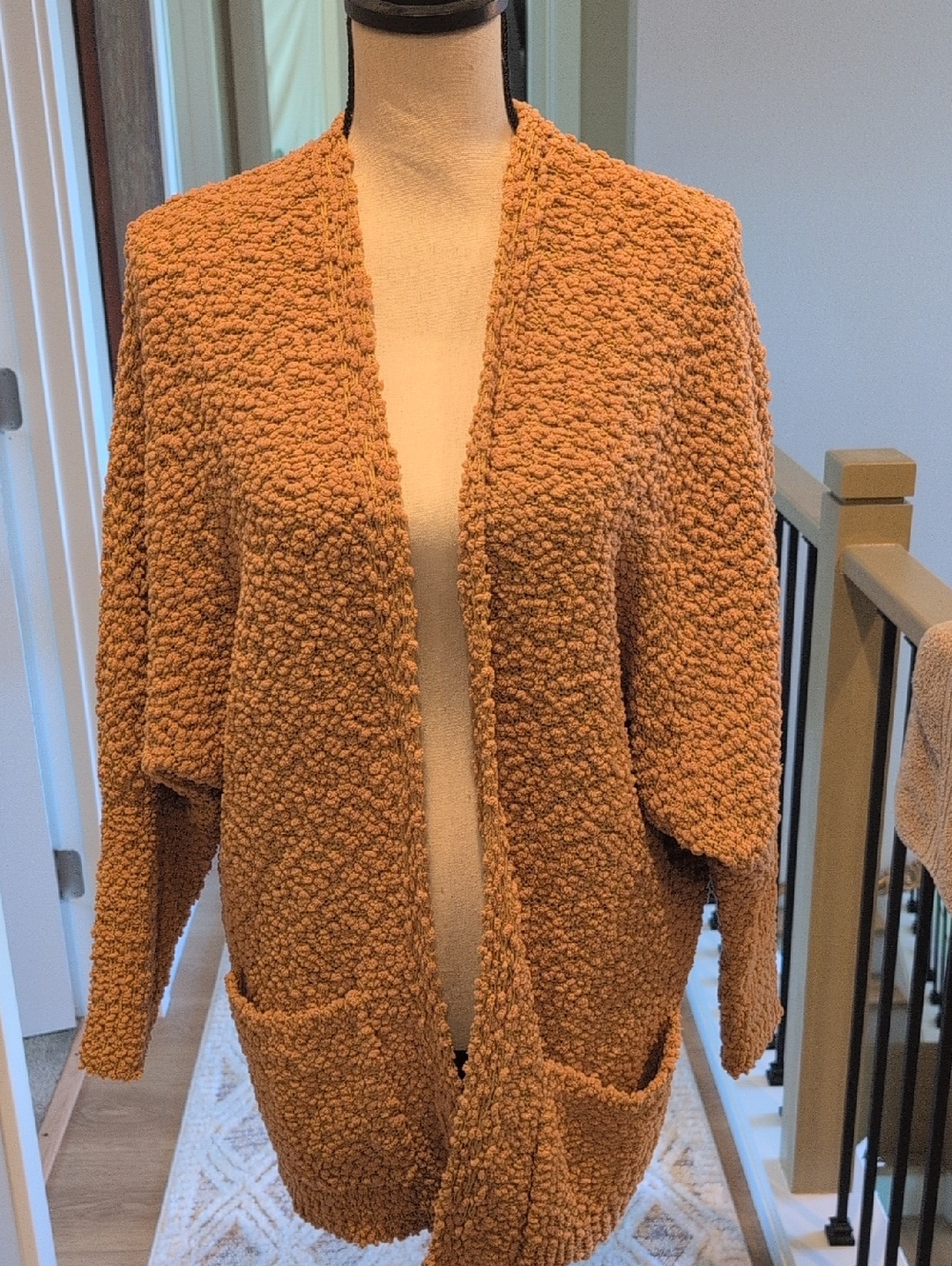 Cozy Wobby Velvet Textured Open BatwilCardigan in Light Mustard/ Yellow/ Tan.  S